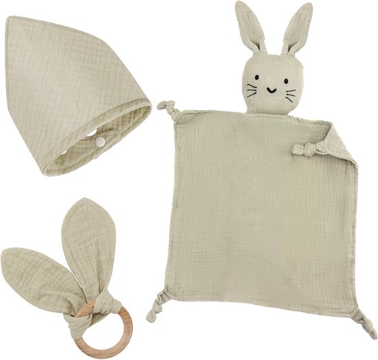 Schattige newborn cadeau set voor jongens en meisjes - 3-delige baby geschenken met knuffeldoek, houten bijtring en slabbetje in khaki van Merkloos