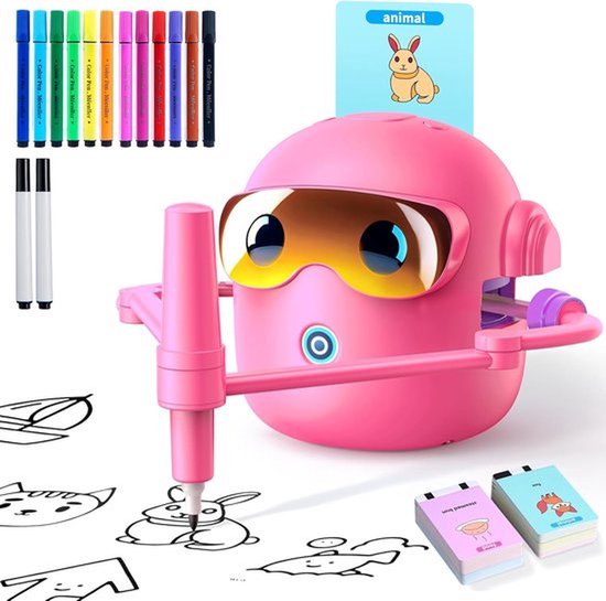 Schilderrobot voor kinderen - Tekenrobot voor kinderen van 3-8 jaar - Interactieve educatieve tekenrobot met spraakbesturing, 100 kaarten, 14 kleurpotloden en muziek, een cadeau voor jongens en meisjes (roze)