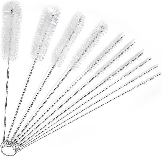Schoonmaakborstels Voor Rietjes - 10 Stuks - 21 CM - 2-24MM - Wit - RVS en nylon - Lang rietjesborstel - Herbruikbaar - Flessenborstel - Rietjesreinigingsborstel - Voor buizen, rietjes, pijpen en moeilijk bereikbare plekken van Merkloos