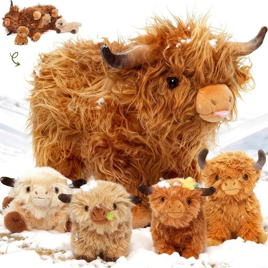 Schotse Hooglander Pluche Knuffel met 4 Baby's - Superzacht Kussen voor Kinderen van Merkloos