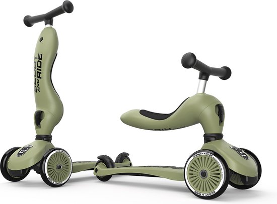 Scoot & Ride Highwaykick 1 – 2-in-1 Kinderstep – Loopfiets en Step in Één – Zonder Gereedschap Ombouwbaar – Veilig en Stabiel – Olijf