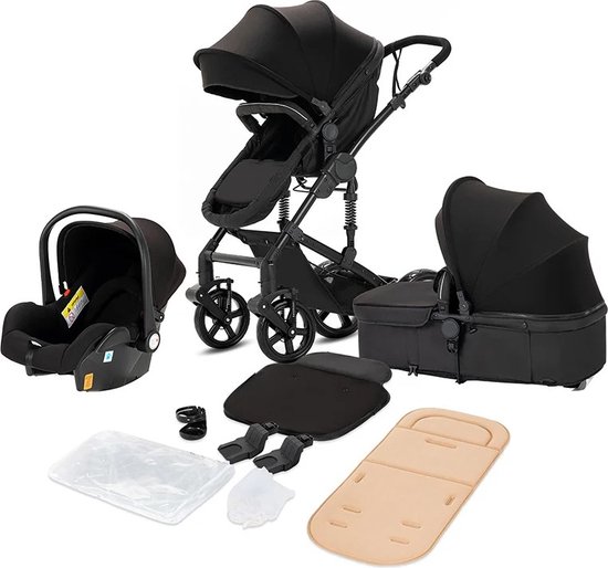 Seastone - Luxe 3-in-1 Kinderwagen - Wandelwagen - Autostoeltje - Buggy - Reiswieg - Inklapbaar - 0-36 Maanden - Zwart van Seastone