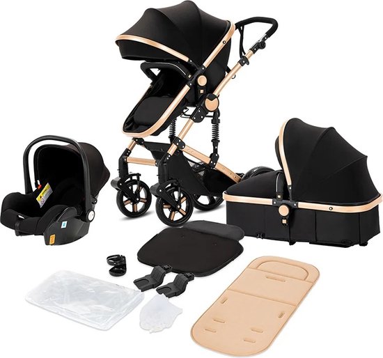 Seastone - Luxe 3-in-1 Kinderwagen - Wandelwagen - Autostoeltje - Buggy - Reiswieg - Inklapbaar - 0-36 Maanden - Zwartgoud van Seastone