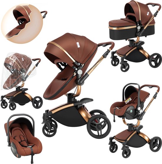 Seastone - Luxe Kinderwagen - 3 in 1 - Wandelwagen - Autostoeltje - Buggy reiswieg - Inklapbaar - 0-36 maanden - Bruin van Merkloos