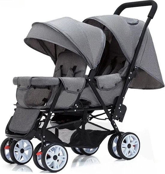Seastone - Tweelingkinderwagen - Tweelingwagen - Tweeling Buggy - Opvouwbaar - Meerdere Standen - 72 x42x 97 cm - Inclusief haakjes - Gratis Mosquito net - Grijs