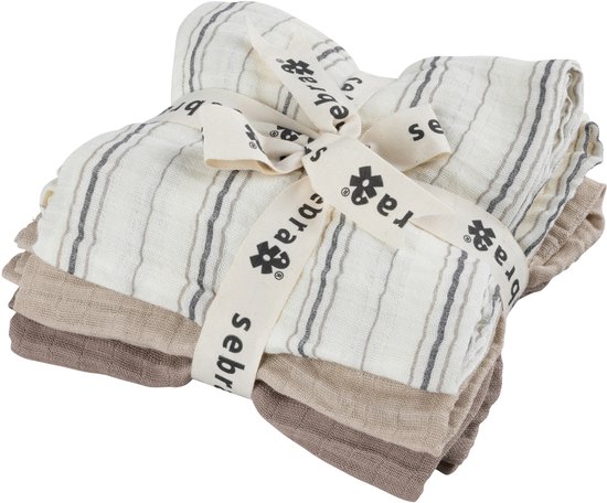 Sebra Hydrofiele Doeken - 3-pack - Cream Stripe Beige van Sebra.