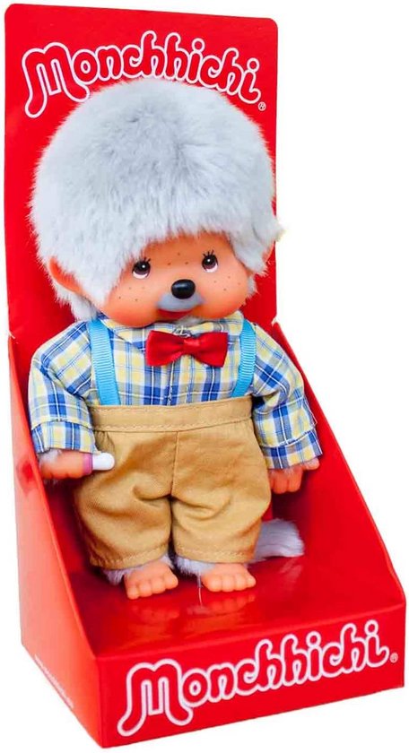 Sekiguchi 233140 - Originele Monchhichi grootvader, pluche figuur met geruit hemd, vlinderdas en beige broek, ca. 20 cm groot knuffeldier van grijs pluche