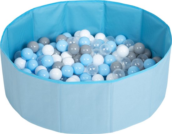 Selonis Opvouwbaar ballenbad voor kinderen met 100 plastic ballen ∅6cm - 80x23cm Ballenbad baby - Speelbad - Ballenbak kinderen rond - Kunststof ballen - Blauw: Grijs Wit Transparant Babyblauw