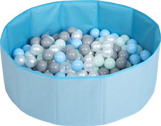 Selonis Opvouwbaar ballenbad voor kinderen met 100 plastic ballen ∅6cm - 80x23cm Ballenbad baby - Speelbad - Ballenbak kinderen rond - Kunststof ballen - Blauw: Parel Grijs Transparant Babyblauw Munt van Selonis