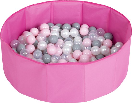 Selonis Opvouwbaar ballenbad voor kinderen met 100 plastic ballen ∅6cm - 80x23cm Ballenbad baby - Speelbad - Ballenbak kinderen rond - Kunststof ballen - Roze: Parel Grijs Transparant Poederroze van Selonis