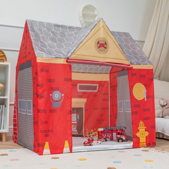Selonis Speelhuisje brandweer 110x80x115 - Speeltent voor binnen - Kindertent speelhuis - Rood-Grijs van Merkloos