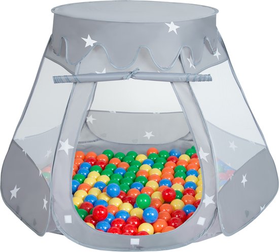Selonis Speeltent voor kinderen met 100 ballen 105x90cm - Ballenbak Ballen - Speelhuisje binnen - Speelhuis kinderen - Ballenbak tent baby - Ballenbaktent - Grau: Geel, Groen, Blauw, Rood, Oranje van Selonis