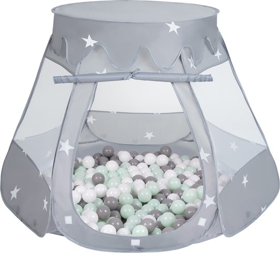 Selonis Speeltent voor kinderen met 100 ballen 105x90cm - Ballenbak Ballen - Speelhuisje binnen - Speelhuis kinderen - Ballenbak tent baby - Ballenbaktent - Grau: Wit, Grijs, Mint van Selonis