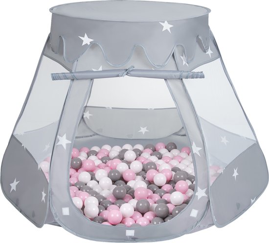 Selonis Speeltent voor kinderen met 100 ballen 105x90cm - Ballenbak Ballen - Speelhuisje binnen - Speelhuis kinderen - Ballenbak tent baby - Ballenbaktent - Grau: Wit, Grijs, Poederroze van Selonis