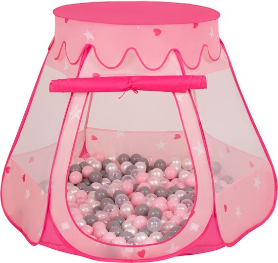 Selonis Speeltent voor kinderen met 200 ballen 105x90cm - Ballenbak Ballen - Speelhuisje binnen - Speelhuis kinderen - Ballenbak tent baby - Ballenbaktent - Roze: Parelgrijs, Transparant, Poederroze van Selonis