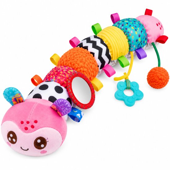 Sensorisch Babyspeelgoed - Muzikale Rups Knuffel - Activiteitenspeelgoed Baby met Rammelaar, Bijtring en Spiegeltje - Grijpspeelgoed voor 0+ Maanden - Roze