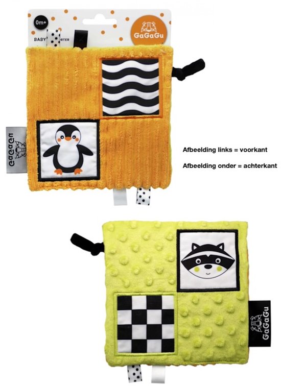 Sensorisch knuffeldoekje pinguin 17x17 cm oranje en groen - knuffeldoekje baby van Funnies.