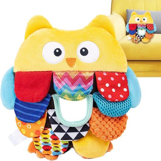 Sensorisch Speelgoed - Knisper Knuffel - Vroege Ontwikkeling - Hoge Contrast Kleuren - 25 x 20 x 10 cm - Uil