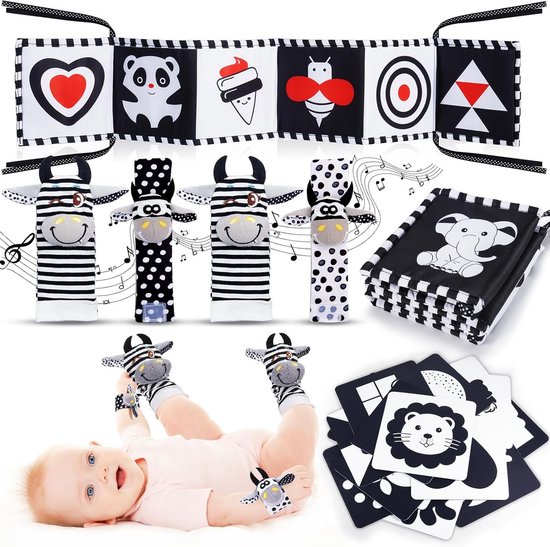 Sensorisch Speelgoedpakket voor Baby's: Zwart-Wit Contrastboek, Kaarten en Rammelaars 0-12 Maanden