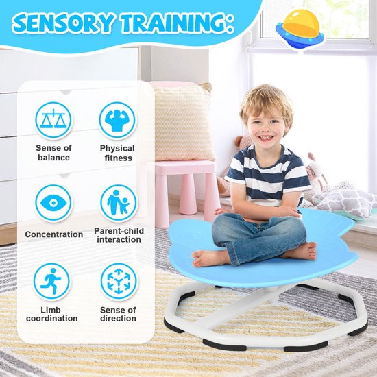 Sensorische draaistoel voor kinderen, 360° kinderdraaistoel, carrousel, autisme, kinderstoel met antislip metalen basis, carrouselstoel voor binnen voor peuters vanaf 3 jaar (blauw) van Merkloos