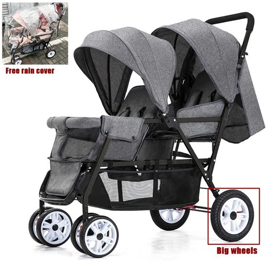 Sensova - Duo Buggy - Dubbele Kinderwagen - Tweeling Kinderwagen - Tweeling Buggy - Grijs - Inklapbaar - Lichtgewicht - Luchtbanden - max 40 kg - Kinderen - Baby's -