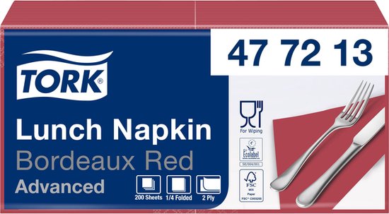 Servetten Tork 2-laags 1/4 gevouwen 200 st bordeaux 477213 van Tork