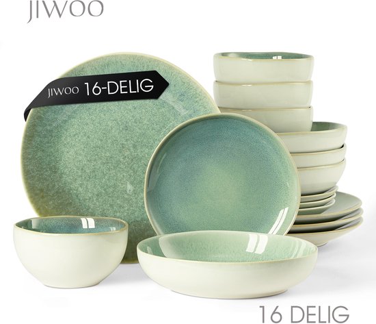 Serviesset 16-Delig, Dinnerset 4 Persoons, Dubbel reactief glazuur, Geschikt voor familiefeesten, banketten, restaurants, Horeca en picknicks, Magnetron-vaatwasserbestendig, Keramiek