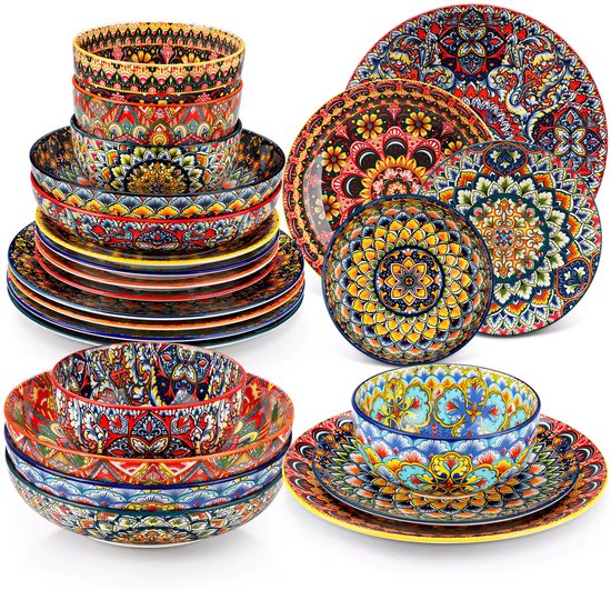 Serviesset - Bohemian Stijl - 6 Persoons Servies - Porselein - Dinerborden - Dessertborden - Ontbijtkommen - Soepkommen - 24-delige Set