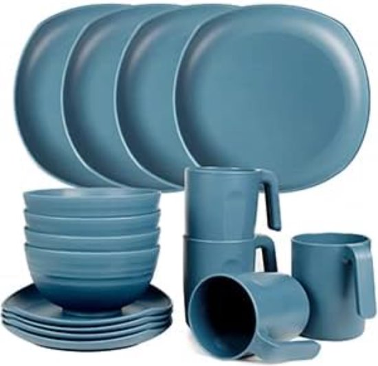 Serviesset van PP, licht en onbreekbaar, 16 stuks servies voor kinderen en volwassenen, tafelcombiservies met 4 platte borden, 4 dessertborden, 4 kommen, 4 kopjes voor 4 personen van Kigima