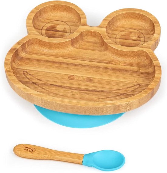 Serviesset voor baby's & kleine kinderen - kikker - kinderservies lepel bord schaal - duurzaam & ecologisch - babybord kinder serviesset ontbijtset zuignap voeren - Bambuswald©. van Bambuswald©