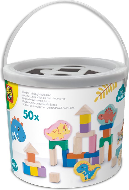 SES Creative 13204 Houten Bouwblokken Dino - 50 Stuks in Emmer - Speelset voor Kinderen vanaf 12 Maanden - Bouw torens en meer - Perfect voor creatief spelen van SES Creative