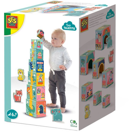 SES Creative – Tiny Talents – Stapelblokken – Sensorisch – Dieren speelgoed – Baby speelgoed – Stimuleert zintuigen – Lichtgewicht - Vanaf 6 maanden