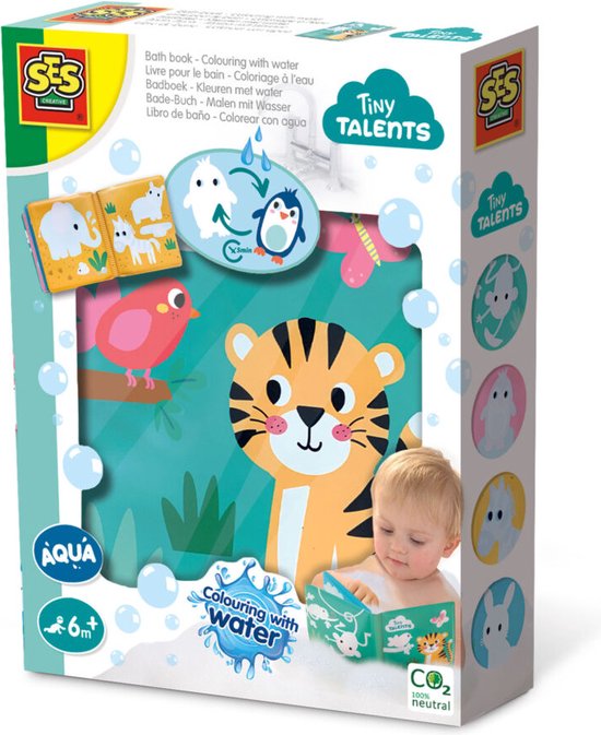 SES - Tiny Talents - Badboek - Kleuren met water - 8 pagina's - vrolijke illustraties verschijnen als het nat wordt - opnieuw te gebruiken - PVC vrij van SES