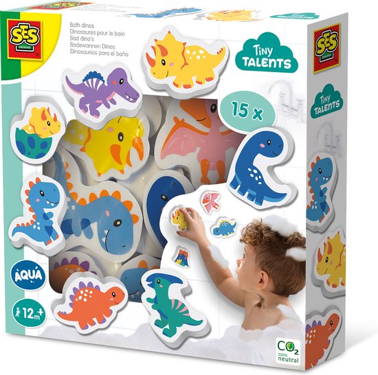 SES - Tiny Talents - Badspeelgoed dino's - 15 gekleurde foam dinosaurus figuren - plakt makkelijk op natte oppervlakken - Speelgoed 1 jaar - Dinosaurus Speelgoed van SES