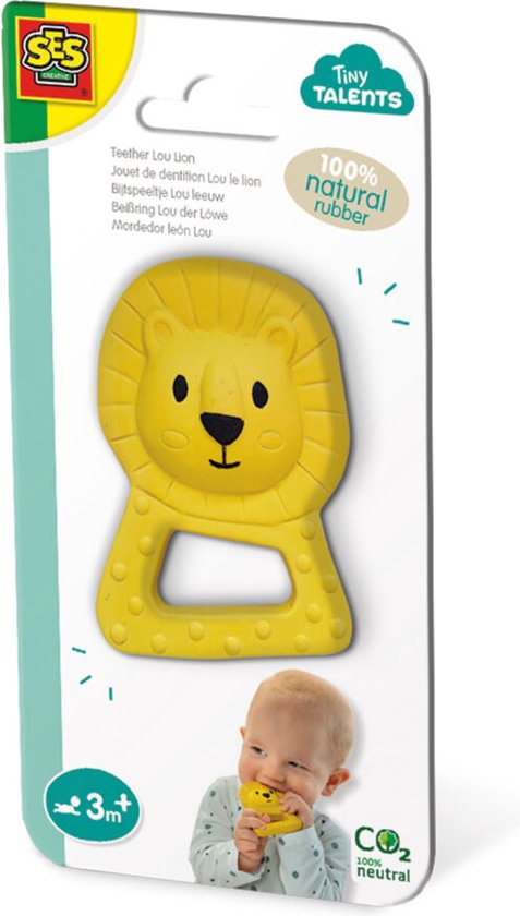 SES - Tiny Talents - Bijtspeeltje Lou leeuw - 100% natuurrubber - Bijtring - met handige zachte handgreep - gemaakt van veilige materialen - Baby Speelgoed van SES