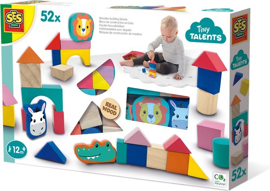 SES - Tiny Talents - Houten bouwblokken - 52-delige set - Montessori blokken - vrolijke kleuren - eindeloos te combineren Speelgoed 3 Jaar van SES