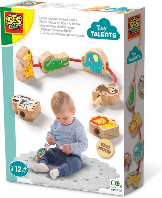 SES - Tiny Talents - Houten dierenkralen rijgen - Montessori - veilig rijgkoord met hout - makkelijk voor de kleine handjes - Speelgoed 1 jaar van SES
