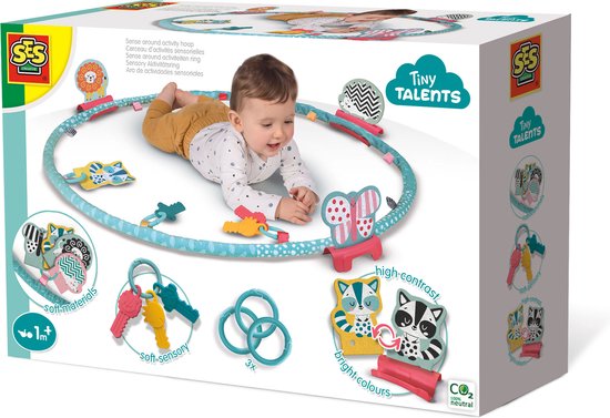 SES - Tiny Talents - Sense around activiteiten ring - Montessori speelring - inclusief ringen, contrastkaartjes en bijtsleutels Bijtring - Baby Speelgoed van SES