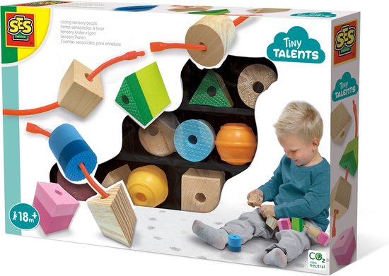 SES - Tiny Talents - Sensory kralen rijgen - Montessori - meerdere soorten grove kralen - inclusief koppelsnoer Speelgoed 2 jaar van SES