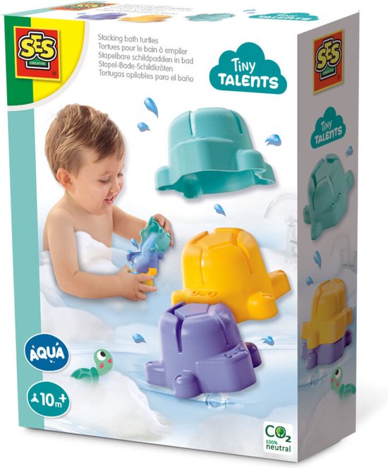 SES - Tiny Talents - Stapelbare schildpadden Badspeelgoed - 3 vrolijke kleuren - gebruik als trechter, waterval of schep - makkelijk schoon te maken - in bad, zwembad, zee of strand - Speelgoed 1 jaar van SES