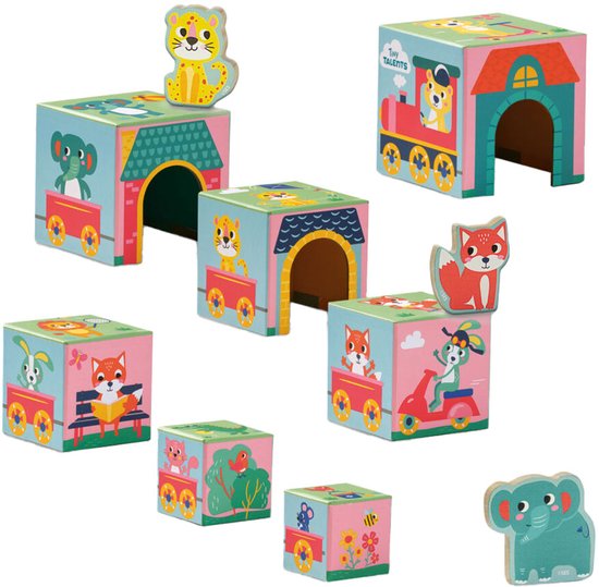SES - Tiny Talents - Stapelblokken toren met dieren figuren - speelgoed 1 jaar - Montessori blokken - moderne, gekleurde illustraties - compact op te bergen - Baby Speelgoed 6 maanden van Merkloos