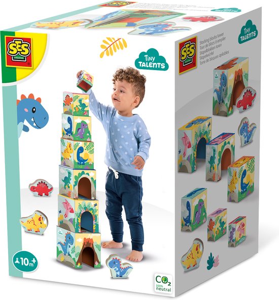 SES - Tiny Talents - Stapelblokken toren met dinosaurus figuren - Montessori - 7 stapelblokken met 3 speel dino's - mooi geïllustreerd - Speelgoed 1 jaar van SES