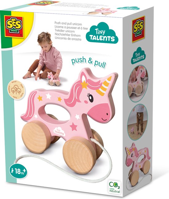 SES - Tiny Talents - Trekdier 2 in 1 houten unicorn - Montessori - op maat gemaakt voor kinderhandjes - eenhoorn trekdier - Unicorn Speelgoed - Speelgoed 2 Jaar van SES