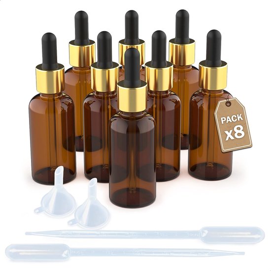 Set druppelflessen van bruin glas. Gouden metaaldraad + zwarte pipet. van Aroma Lifestyle
