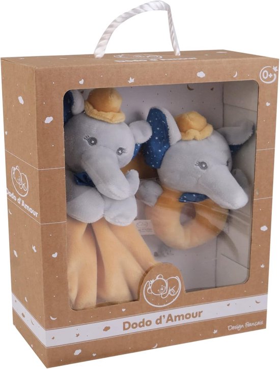 Set Knuffel en Rammelaar Olifant Geboortecadeau Zacht Fleece Wasbaar Vanaf 0 Maanden