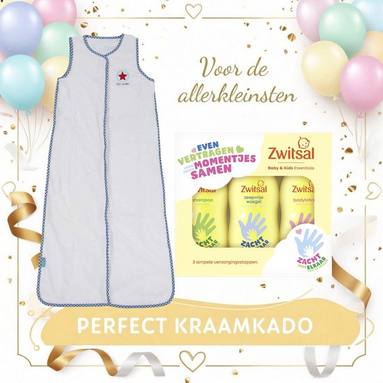 Set: kraam kado- Lief! Boy Uni - Slaapzak - 12-18 maanden / 110 cm - Katoen - Wit/blauw en Zwitsal Baby & Kids Essentials van Merkloos