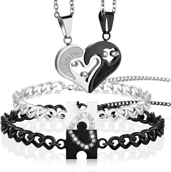 Set matching armbanden voor koppels - Hartvormig 'Ik hou van jou' - RVS - Perfect voor langeafstandsrelaties - ShopVlot