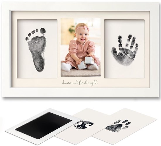 Set met hand- en voetafdrukken van de baby, Inktkussen voor baby's, Herdenkingsfotolijstje, Kan worden neergezet of aan de muur worden gehangen, Wit. van Merkloos