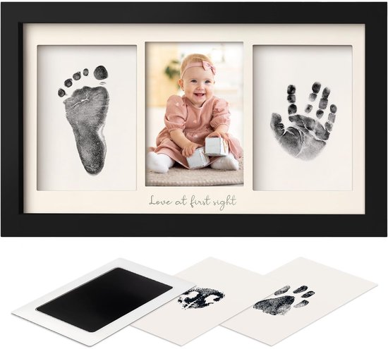 Set met hand- en voetafdrukken van de baby, Inktkussen voor baby's, Herdenkingsfotolijstje, Kan worden neergezet of aan de muur worden gehangen, zwart.