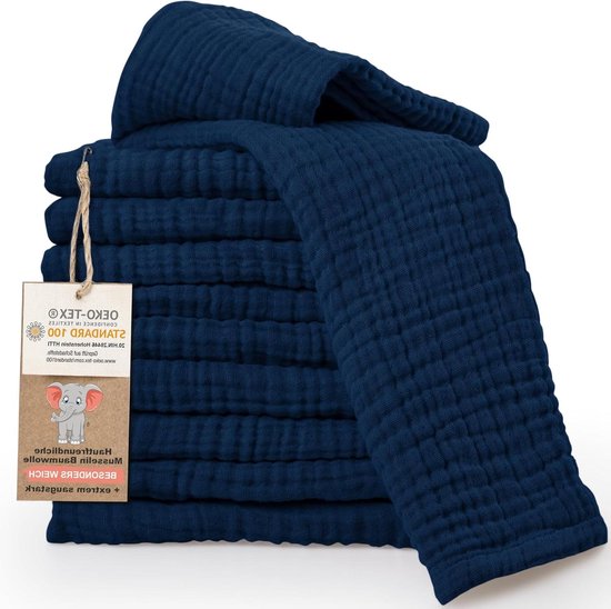 Set of 10 Premium Burp Towels Baby 30x50 cm Extra Soft Muslin 100% Cotton Oeko Tex 100 Blue hydrofiele washandjes van Funnies.